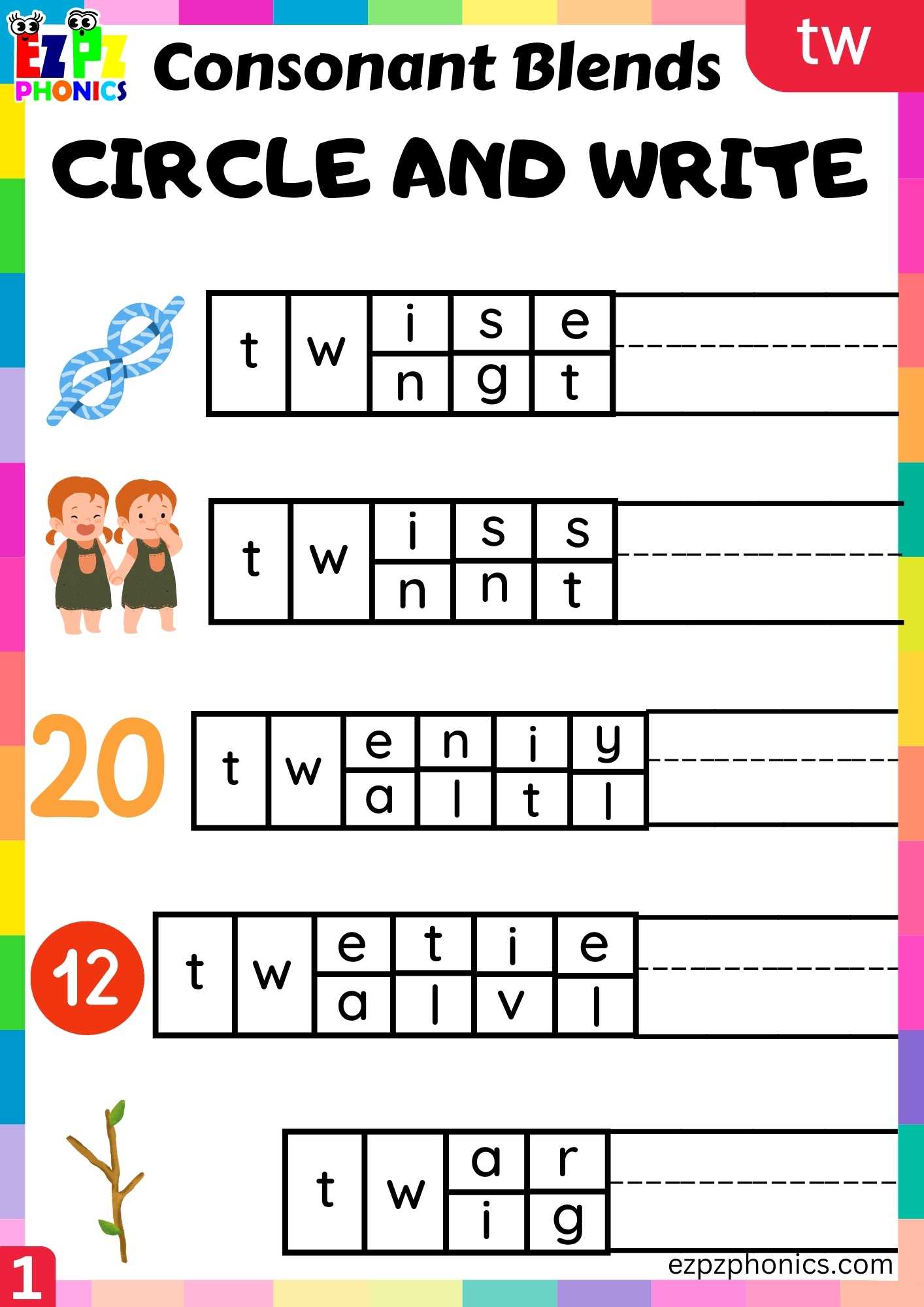 TW Words Circle And Write Phonics Consonant Blends Worksheet